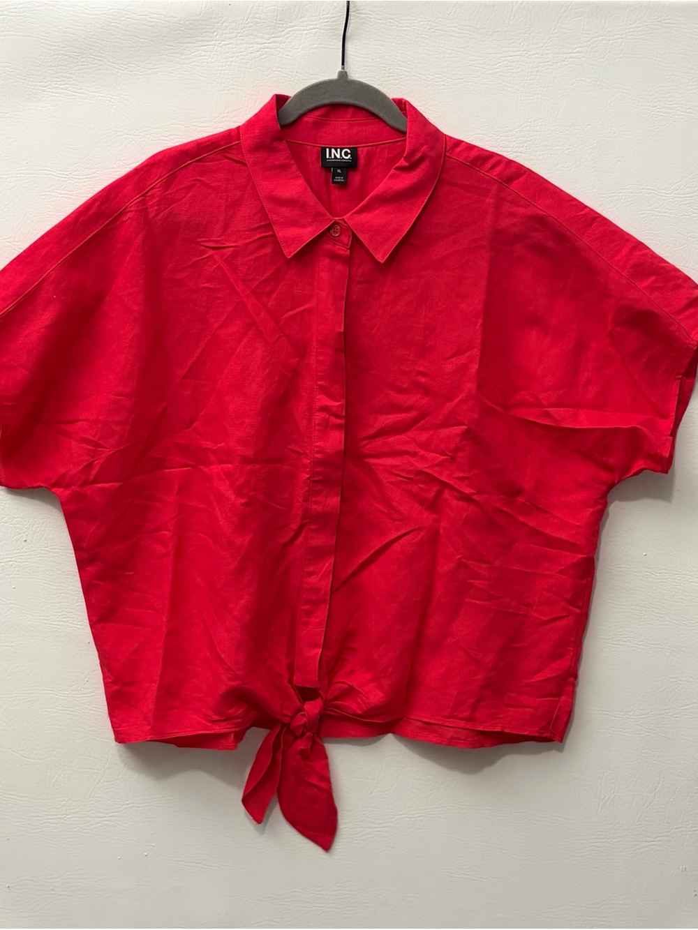 INC Linen Bright Red Pink Tie-Hem Button Front Shirt XL